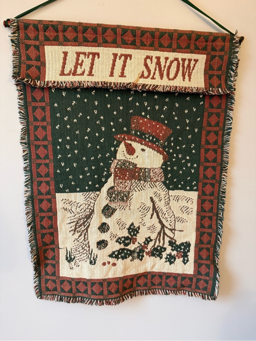 Vintage 1996 Let It Snow Christmas Snowman Hanging Tapestry Banner Holiday VTG